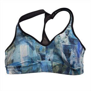 Lululemon Blue and White Geometric Pattern Sports Bra with Black Mesh